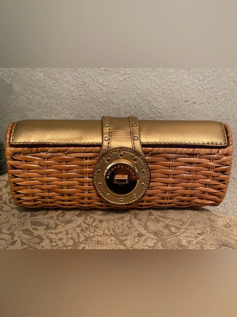 Michael Kors Santorini Straw Clutch Gold Top and Tan Woven